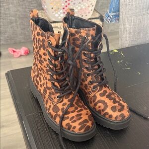 Leopard Print Lace-Up Ankle Boots